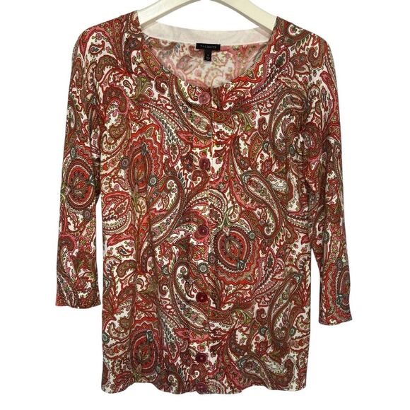 Talbots Paisley Cardigan Sweater Womens Small 3/4 Sleeve Cotton Blend Button Up - Picture 1 of 5